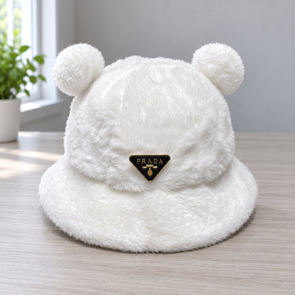 Prada White Plush Ear Bucket Hat
